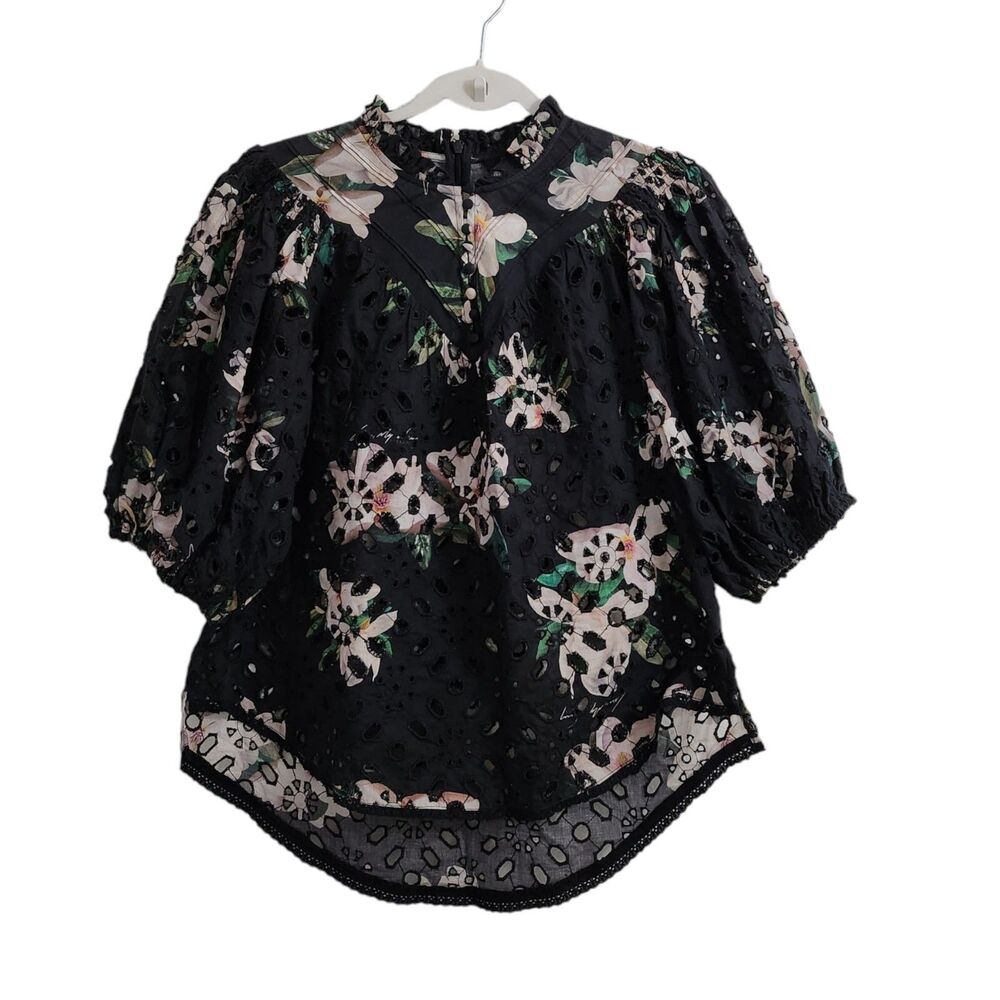 AllSaints Blouse 0 Black Tila Alessandra‎ Eyelet Top Short Sleeve Zip Back